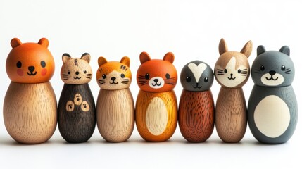 Fototapeta premium Wooden toy animals collection featuring various species in vibrant colors for childrens play and education