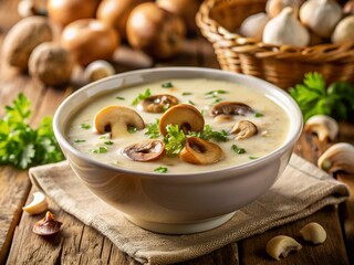 Creamy Champignon Mushroom Soup Macro Photography - Closeup Food Photo