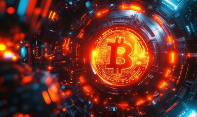 Fototapeta premium Bitcoin cryptocurrency in futuristic tunnel; digital finance concept; tech background; website banner
