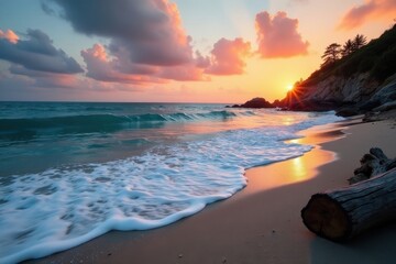 Obraz premium Serene Coastal Sunset Ocean Waves Gently Kissing the Sandy Shore at Golden Hour