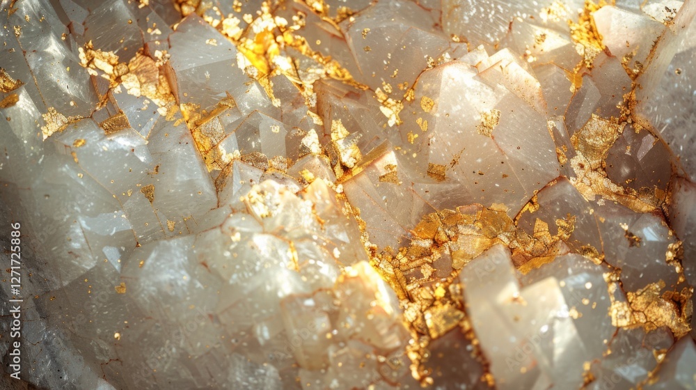 Poster quartz crystal features intricate formations with sparkling gold highlights, illustrating the natura