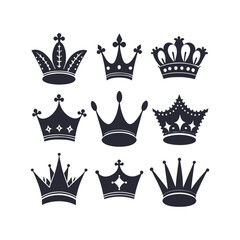 "Vector Crown Icons Set - King and Princess Crown Silhouettes, Symbol Collection, and Royal Vector Illustrations"