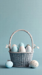 Fototapeta premium A soft blue basket filled with pastel-colored eggs, set against a light backdrop, creating a serene and festive atmosphere.