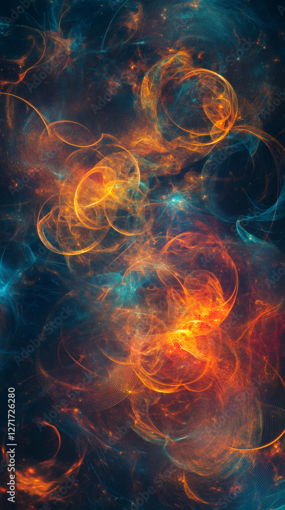 Poster Vibrant orange and teal nebula clouds swirling, blending cosmic patterns with luminescent ethereal radiance