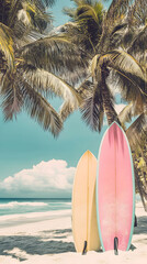 Tropical Beach Paradise: Surfboards Under Palm Trees