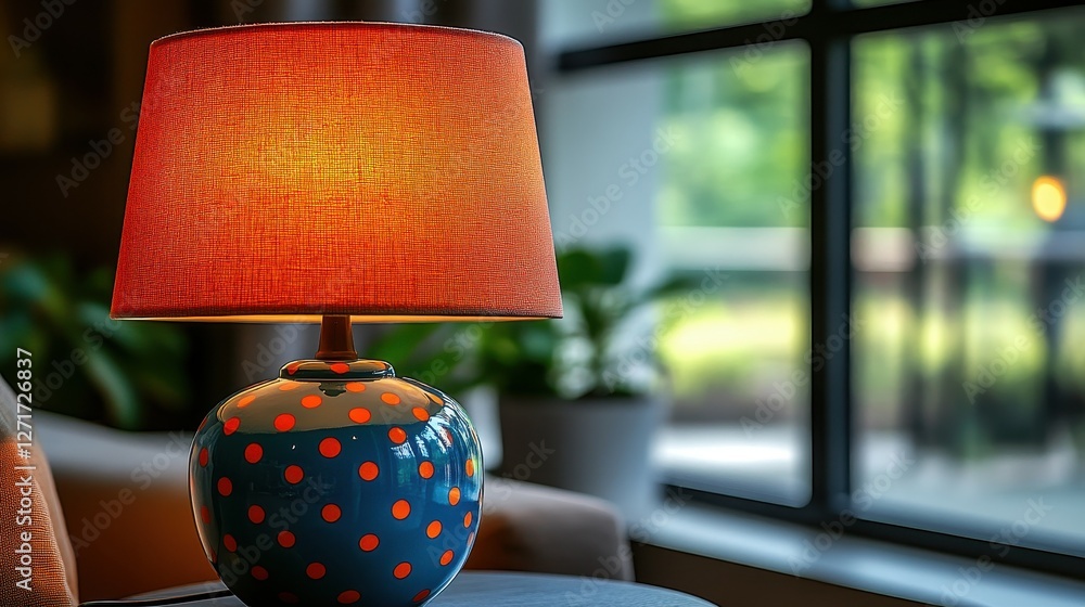 Poster a colorful lamp with a polka dot design sits on a table near a window. the lamp is turned on, castin