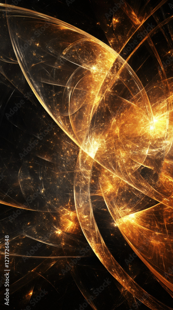 Poster luminous golden fractal waves undulating, spiraling through dark cosmic background with mesmerizing 