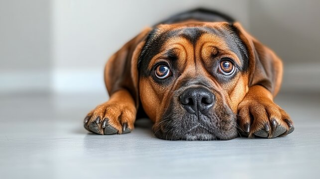 A brown and black dog with a sad expression on its face. The dog is laying on the floor and looking down