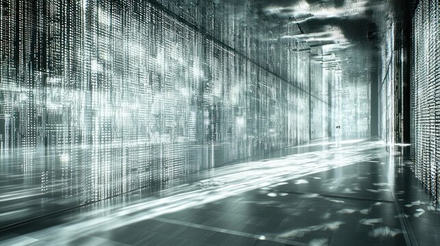 Data stream corridor, futuristic server room, digital code walls
