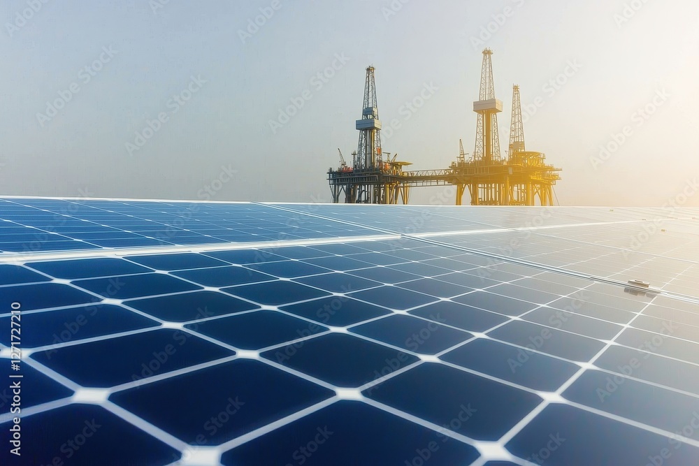 Poster a solar panel array in the foreground contrasts with oil rigs in the background, symbolizing the int