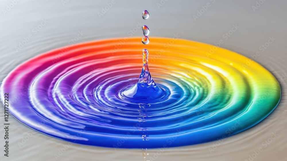 Poster a colorful splash of water with a rainbow in the center. the water is in a circular shape and the ra