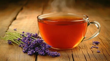 Fototapeta premium A cup of tea with lavender flowers next to it. The cup is full of tea and the flowers are purple