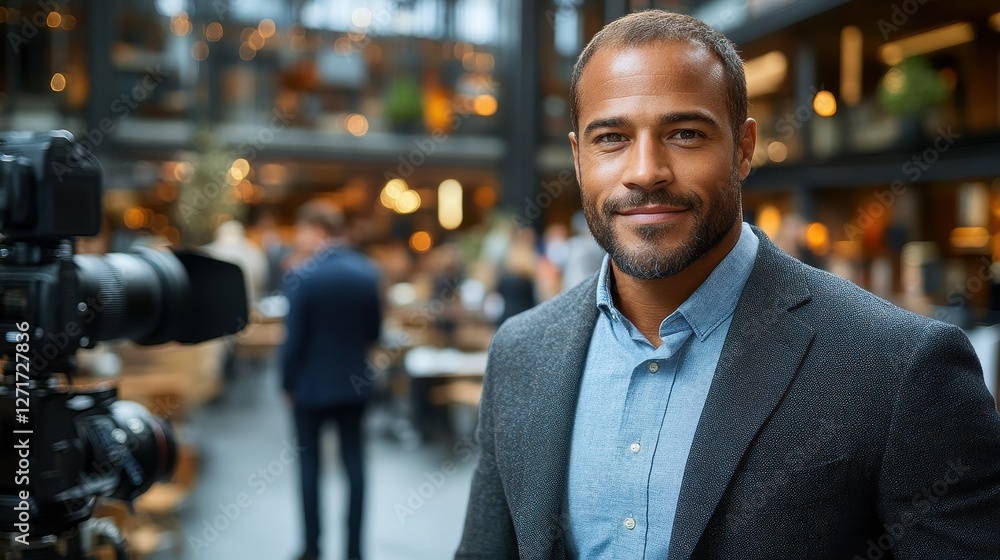 Poster a man in a suit and tie is smiling for the camera. he is standing in front of a camera with a microp