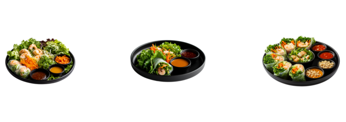 Fresh Vibes, Spring Rolls with Peanut and Chili Sauce on Black Plate Isolated on Transparent Background