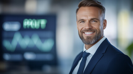Smiling Businessman Investor Standing in Front of Stock Market Charts with Glowing Green "PROFIT" Text, Symbolizing Financial Success, Trading, Hossa, and Investment Growth.