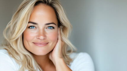 Fototapeta premium Portrait of a Smiling Mature Blonde Woman in Her 40s or 50s, Beauty and Confidence in Middle Age, Skincare, Lifestyle and Natural Cosmetics Concept with Copy Space. 
