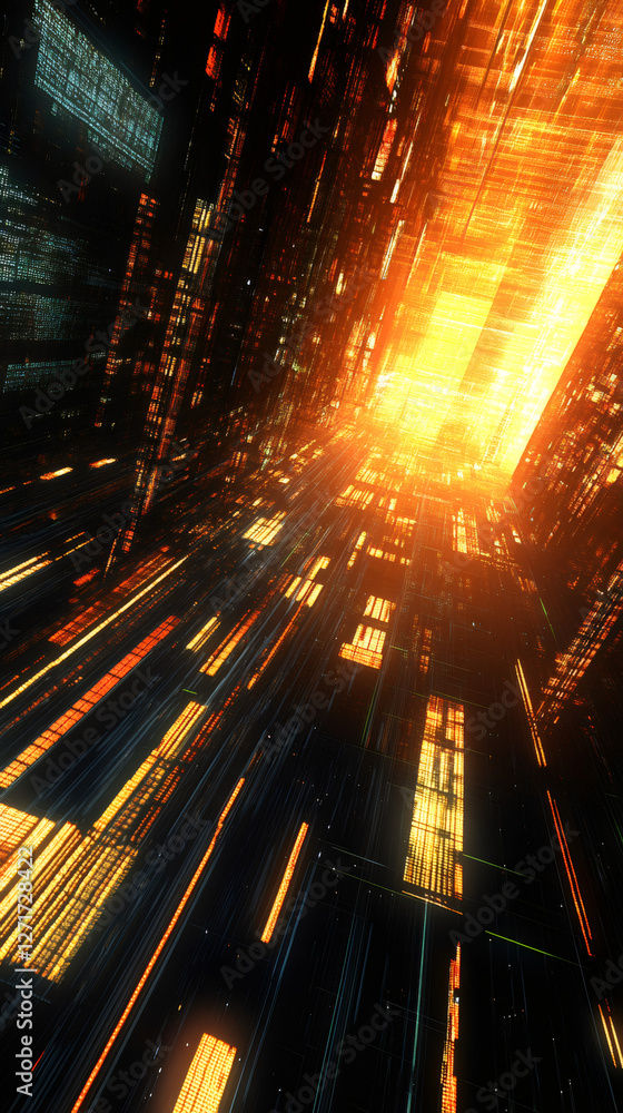 Poster digital data streams in vibrant orange and teal converging, radiating luminous energy across expansi