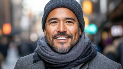 Fototapeta premium A man wearing a black hat and scarf is smiling. He is surrounded by people, some of whom are also smiling. The scene has a warm and friendly atmosphere