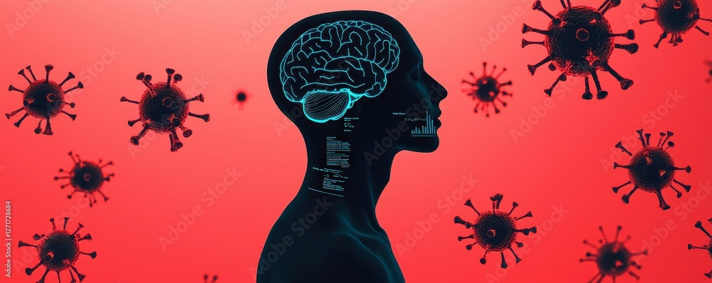 Poster a silhouette of a person with a glowing brain, set against a red background featuring virus-like str
