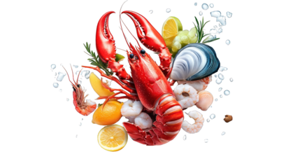 A close up of a variety of seafood including shrimp, crab, and oysters