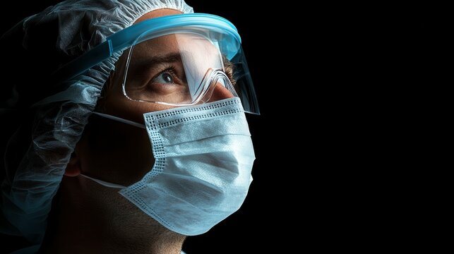 A man wearing a mask and a white lab coat is looking up at something. Concept of caution and seriousness, as the man is wearing protective gear while looking at something