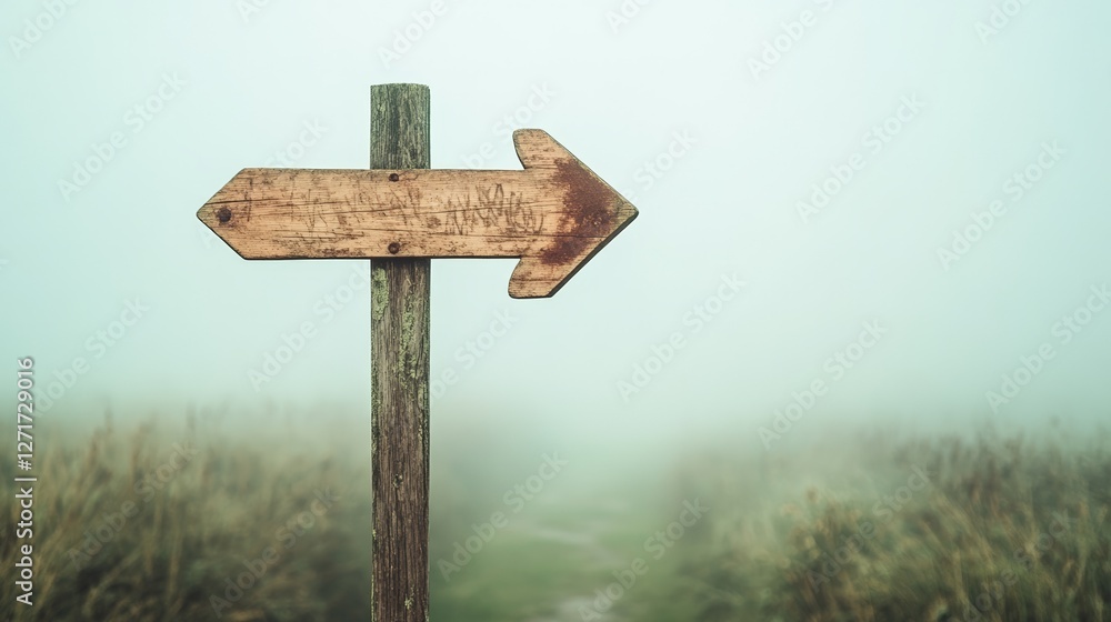 Aufkleber Old weathered wooden arrow signpost pointing direction through heavy fog in a field representing choice, decision making, fear of better option - fobo - , and job insecurity