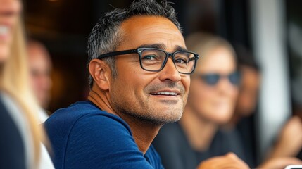 Obraz premium A man wearing glasses is smiling at the camera. He is surrounded by other people, some of whom are also wearing glasses. The scene appears to be casual and friendly