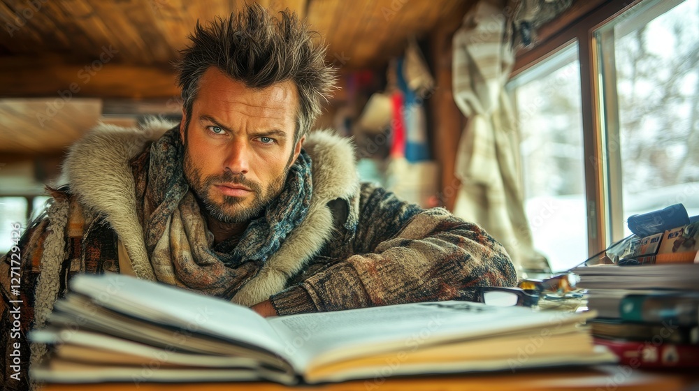 Poster a man with a beard and a fur coat is sitting in front of a book. he is looking at the book with a se