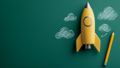 A deep emerald green background featuring sketched clouds and a bright yellow rocket pencil for a fresh, futuristic look.