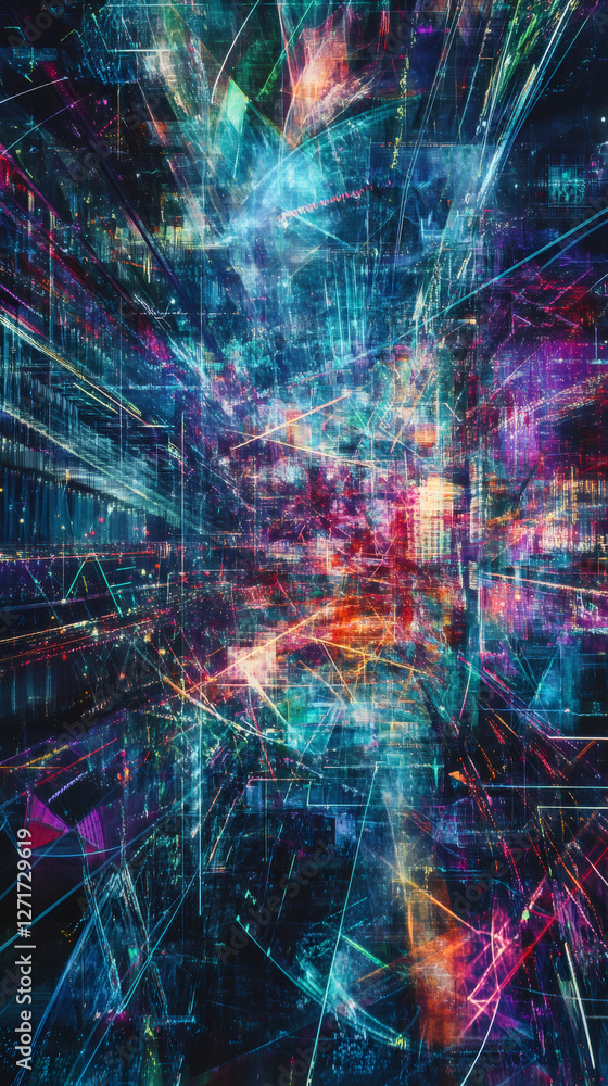 Poster digital network data streaming, interconnected lines forming vibrant visual representation of techno