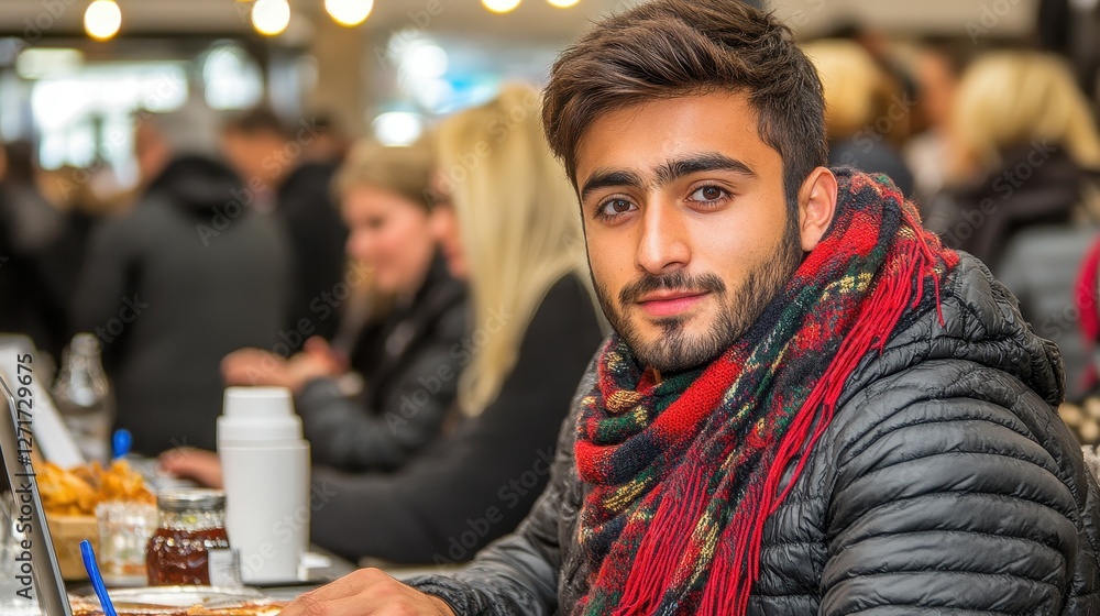 Poster a man with a beard and a red scarf is sitting at a table with a laptop. he is the main focus of the 