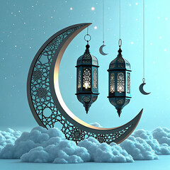 Flat design Ramadan Kareem background, 3d golden metal crescent and stars. Arabic style arch in beige color with traditional pattern. elegant golden moon with mosque ramadan kareem background