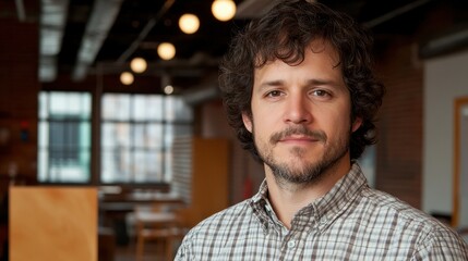 Obraz premium A man with a beard and a plaid shirt is standing in front of a wall. He is smiling and looking at the camera