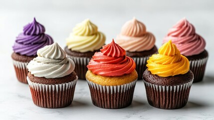 Colorful Cupcakes with Swirled Frosting on White Background