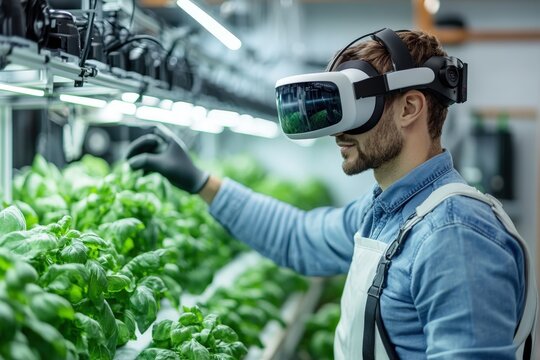 Agricultural engineer wearing vr headset inspecting basil plants growing in vertical farm
