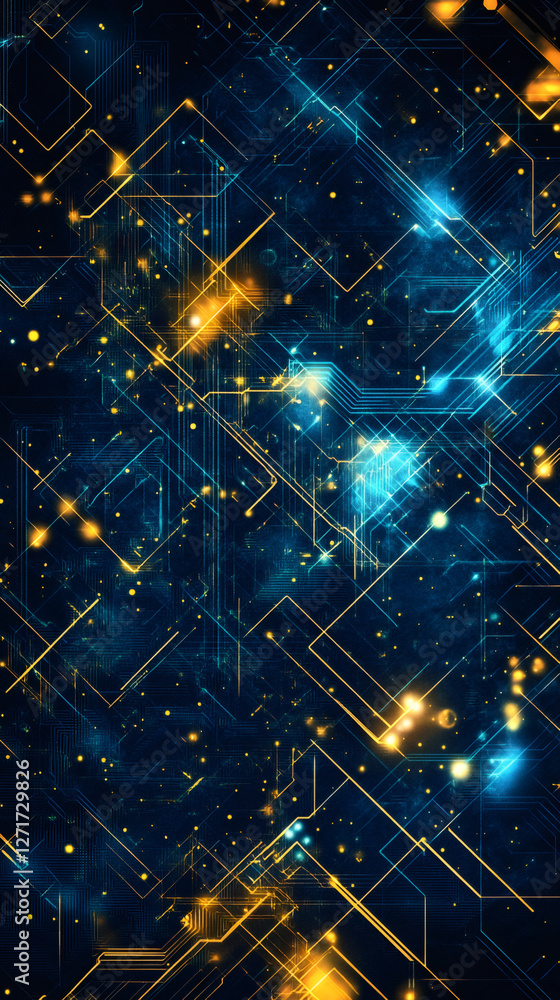 Leinwandbilder Glowing interconnected circuits in orange and blue, symbolizing cutting-edge digital network technology against shadowy background