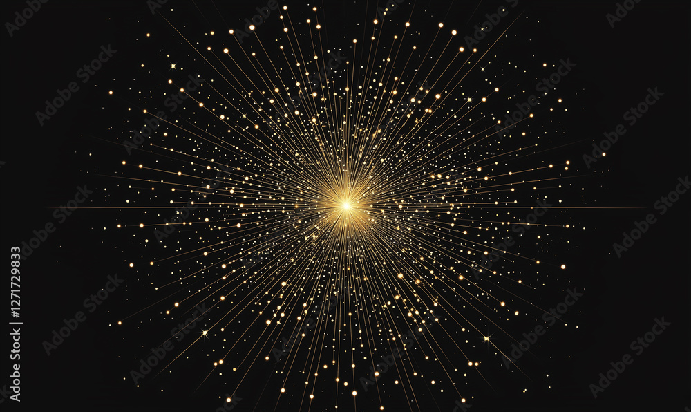 Poster radiant explosion of golden sparks against a dark background, creating a mesmerizing visual effect.