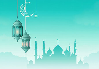 Islamic greetings Ramadan Kareem card design with lanterns and crescent, elegant golden moon with mosque Ramadan Kareem background