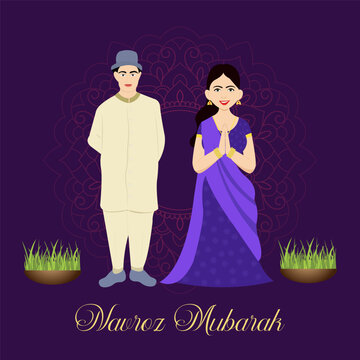 A stylish Navroz Mubarak illustration showcasing a couple in cultural outfits elegant mandala patterns and green sprouts on a regal purple background