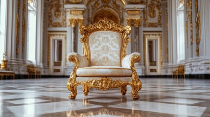 A throne-like antique chair with gold accents in an opulent palace setting.