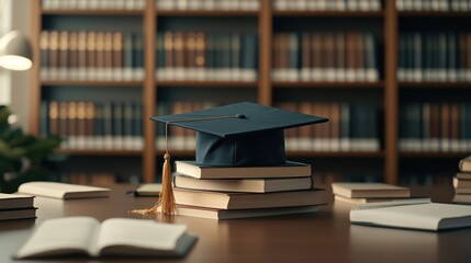Graduation cap on library desk academic setting books surrounding scholarly environment inspired perspective