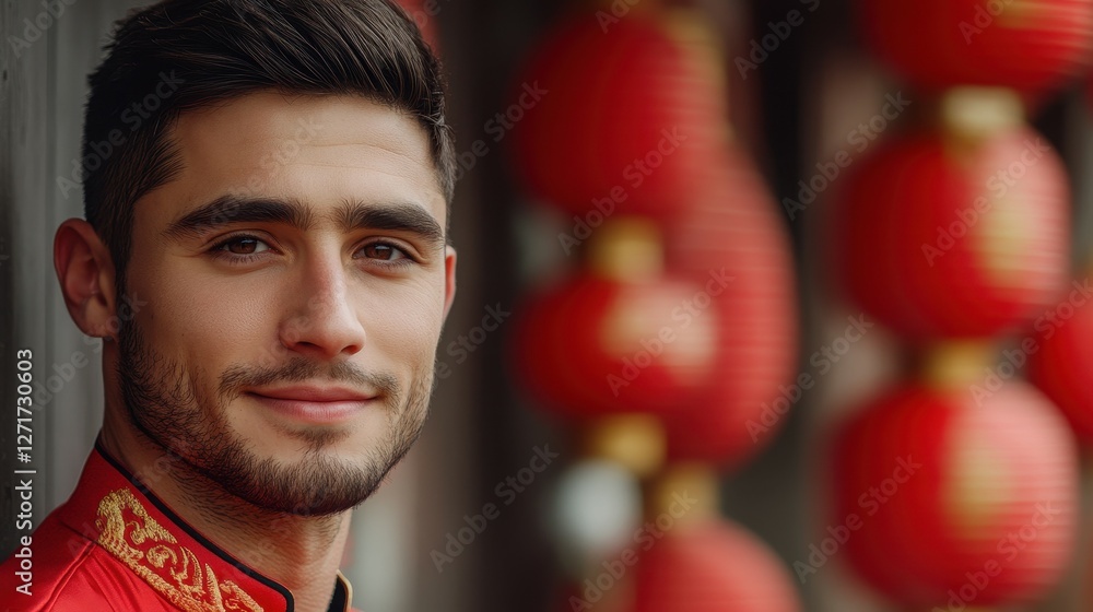 Aufkleber a man with a beard and mustache is smiling at the camera. he is wearing a red shirt and standing in 