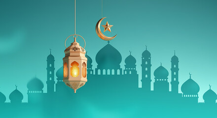 Islamic greetings Ramadan Kareem card design with lanterns and crescent, elegant golden moon with mosque Ramadan Kareem background