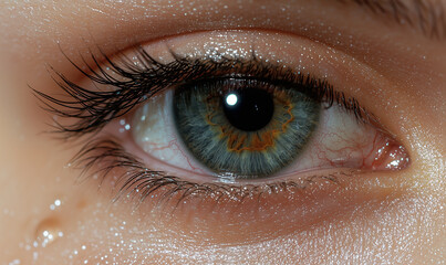 Close-up of a sparkling eye with a unique blend of blue and brown hues, emphasizing beauty and detail.