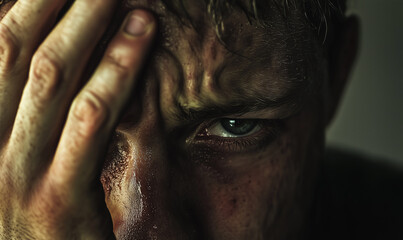 Intense close-up of a distressed man with sweat on his face and a hand covering part of his forehead.