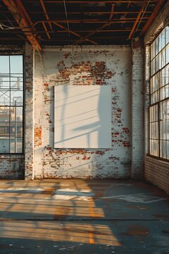 a square blank white mockup in an empty old loft