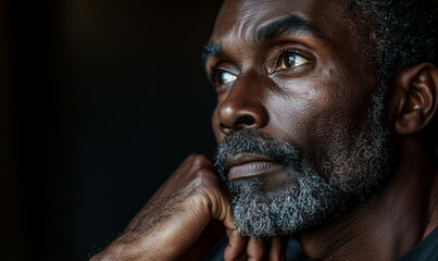 Fototapeta premium A contemplative man with a textured beard gazes thoughtfully, set against a dark background.