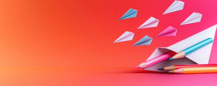 A high-energy back-to-school design with flying paper planes and pencils, set against a gradient red-to-orange background for a bold look.