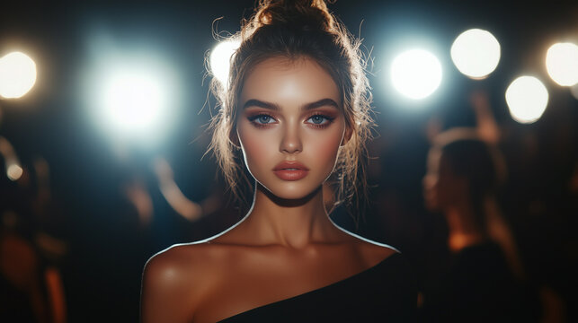Glamorous Fashion Model with Smokey Eyes Walking Through Flashing Paparazzi Cameras in Elegant Black Dress, Classic Smokey Makeup, VIP Celebrity Moment with Bright Lights and Photographers.
