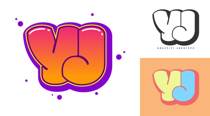 YJ logo design for festival or party. Initial letter y and j in graffiti style. Creative modern lettering company name of font typography. Kids trendy logotype or identity.